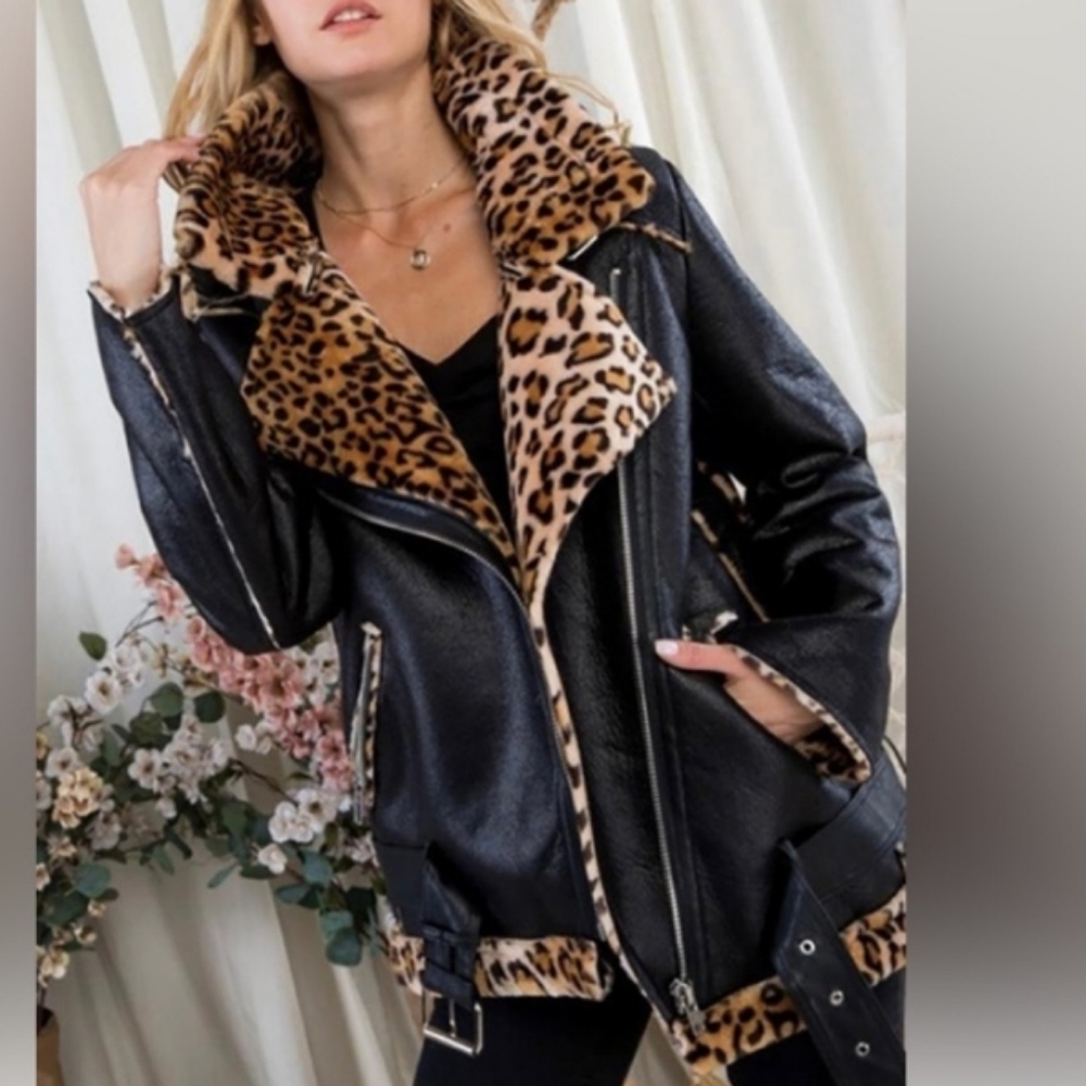 Day & Night Leopard Faux Fur  Brown Faux Leather Oversized Jacket, Ptp=23",27"L